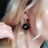 Black Amber Tablet Dangle Earrings 14K Gold Plated